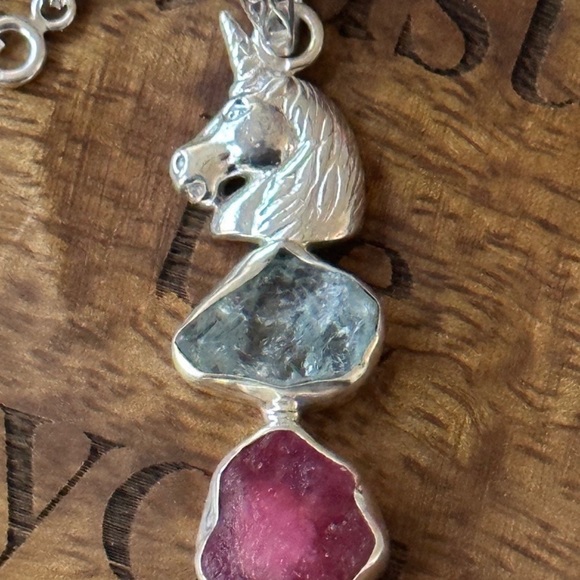 Magical unicorn ruby aquamarine long pendant with necklace - Picture 2 of 10